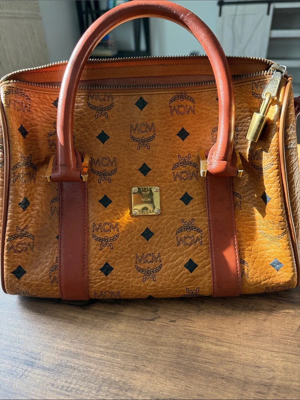 MCM Cognac Visetos Logo Satchel with Gold Hardware
